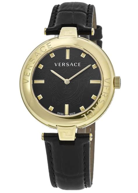 Versace New Lady Gold Plated Black Dial Leather Strap Womens Watch