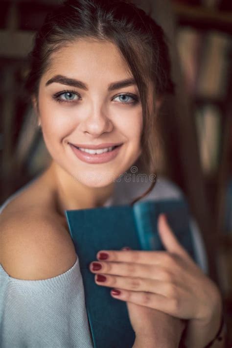 Lovely Woman Hugging Book Happy Smiling Girl Reading Love Stock