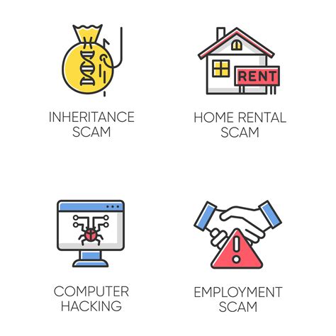 Scam Types Color Icons Set Inheritance Home Rental Fraudulent Scheme