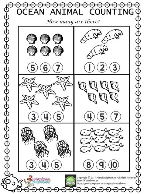 Sea Animal Counting Worksheet For Kindergarten And Preschool