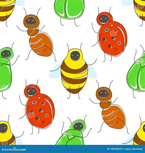 Cute Cartoon Seamless Pattern With Funny Bugs Stock Vector