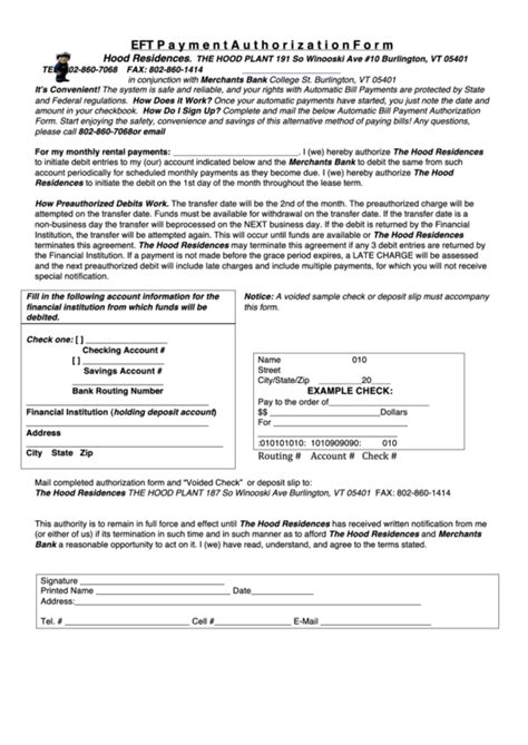 Eft Payment Authorization Form Printable Pdf Download