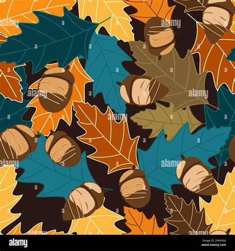 Seamless Botanical Pattern With Autumn Oak Leaves And Acorns Vector