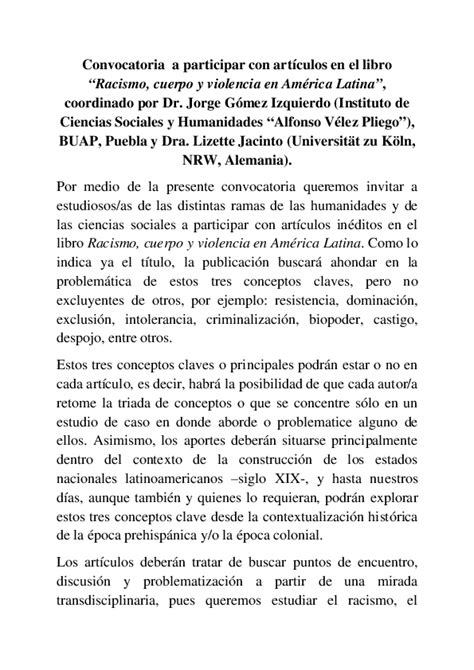 pdf convocatoria para participar en el libro racismo cuerpo y violencia en américa latina