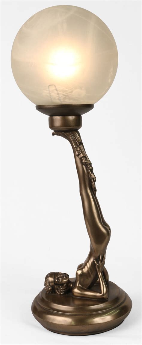 ART DECO NOUVEAU TABLE LAMP NUDE LADY FIGURINE BRONZE RESIN GLASS SHADE