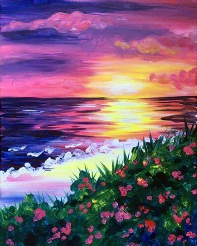 Ocean Beach With Flowers Easy Canvas Painting Night Painting Abstract