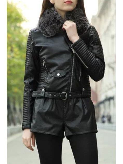 41 Off 2021 Black Fur Collar Pu Leather Jacket In Black Zaful