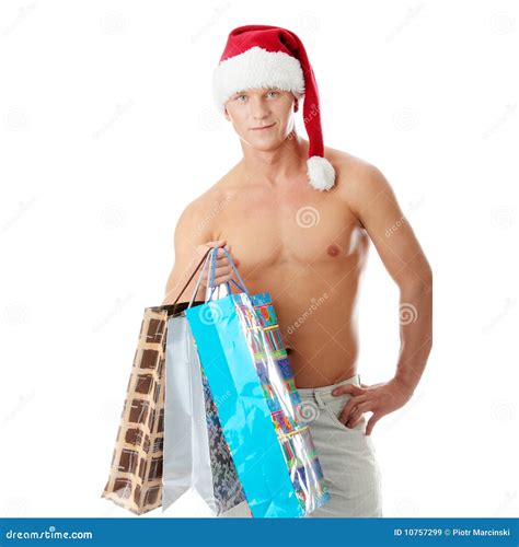 Muscular Shirtless Man In Santa Claus Hat Stock Image Image Of