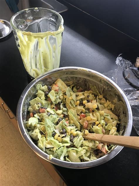 Cooked macaroni, shredded carrot, green onions, red peppers/capsicum and celery tossed in a dressing made with mayonnaise, vinegar, mustard, sugar. Homemade I made SouthWest Salad with an Avocado ...