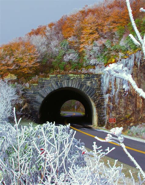 Tunnel On Blue Ridge Parkway With Fall Color And Early Winter Snow