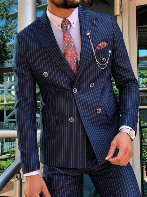 Mens Navy Blue Pinstripe Double Breasted Suit Boss Double Breasted