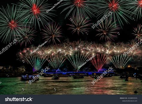 Colorful Fireworks Chao Lightning Shows Buddhayodfa Stock Photo