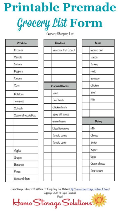 Grocery Store Shopping List Printable