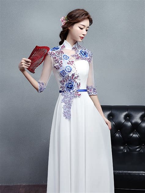 Custom Made White Embroidered Long Qipao Cheongsam Dress Cozyladywear
