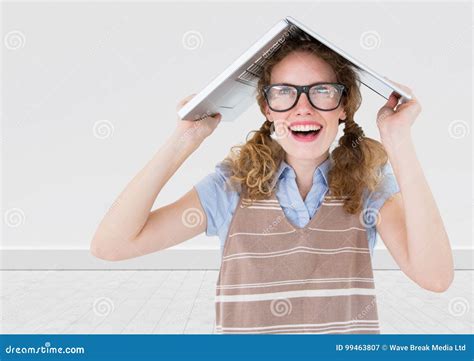 Nerd Woman With Laptop On Head Against White Wall Stock Image Image