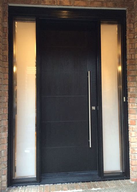 modern rustic woodgrain fiberglass entry door   frosted side lites  multi point locks