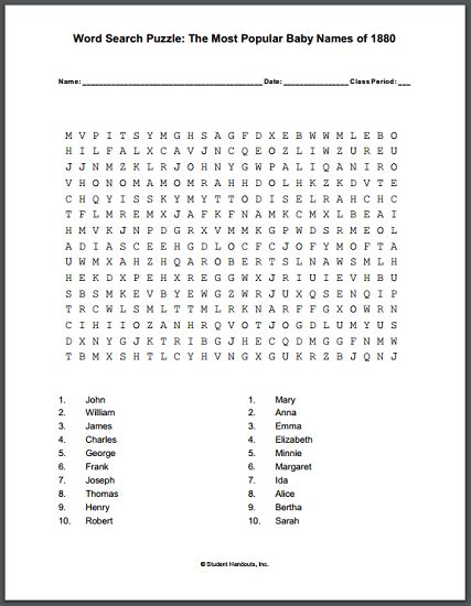 Most Popular Baby Names Of 1880 Word Search Puzzle