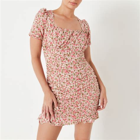 Missguided Floral Print Ruched Milkmaid Mini Dress Pink House Of