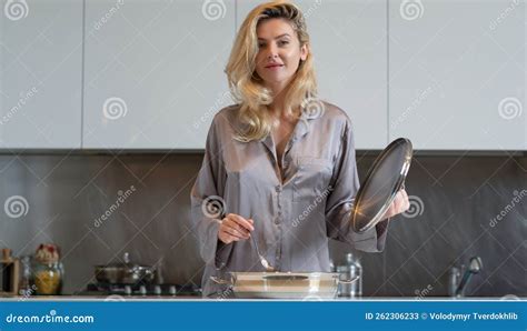 Woman With Cooking Pot Doing Housework Housekeeping Concept Housewife Have Breakfast At