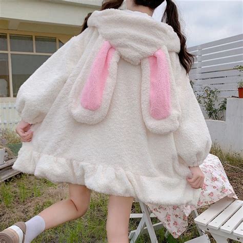 Kawaii Aesthetic Fuzzy White Bunny Ear Zipper Hoodie Kawaii Fashion