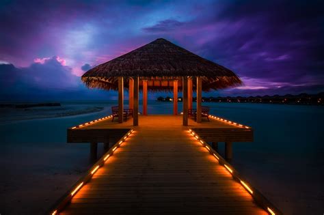 Maldives Sunset Sun Bungalows Ocean Lights Landscape