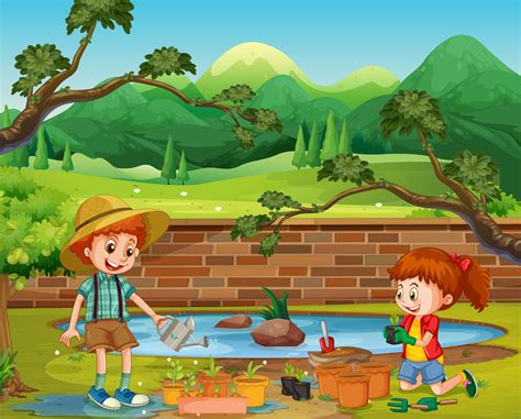 Kids Planting in the Garden 373912 Vector Art at Vecteezy