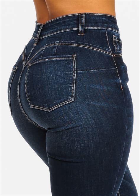 Womens Juniors High Rise Butt Lifting 1 Button Dark Wash Skinny Jeans