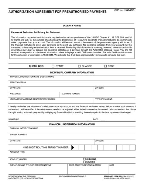 Fillable Online Standard Form 5510 Authorization Agreement For