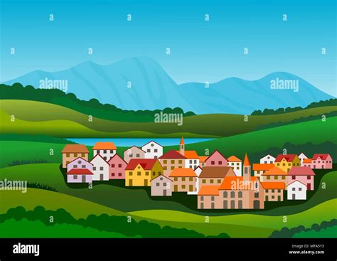 Background With Landscape With Village Vector Illustration Stock