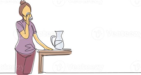 Single One Line Drawing Young Woman Standing And Drinking Water In A Glass From A Jug Take A