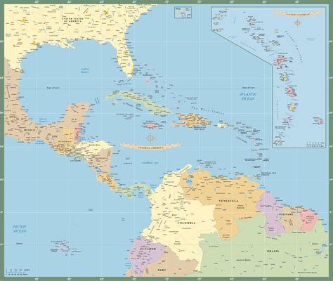 Caribbean Map With Countries Capitals Cities Roads And Water