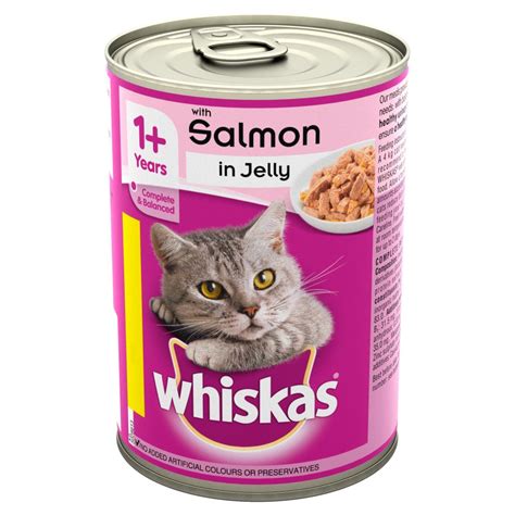Corn meal, rice, tapioca, chicken meal, meat & bone meal, tallow, digested animal protein, vegetable oil, lamb meal, salt, vitamins, minerals, choline chloride, cheese powder, salmon oil, potassium chloride, dried. Whiskas 1+ Cat Food Tin Salmon in Jelly 390g MPP 90p ...