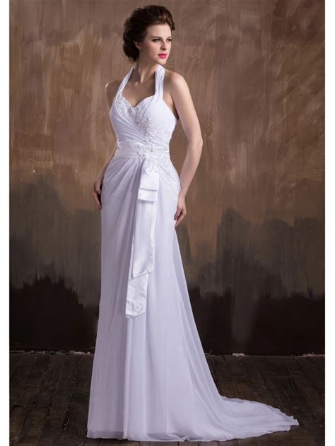 Simple Long Chiffon Beach Evening Dresses Halter Neckline Corset Back Beaded Bridal Gowns