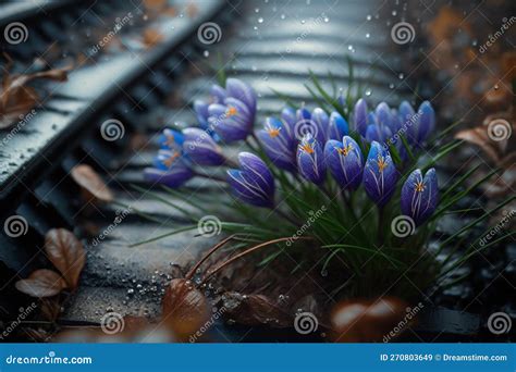 Spring Flowers Of Blue Crocuses In Drops Of Water On The Background Of