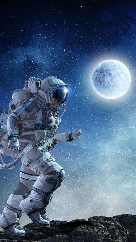 An Astronaut Is Walking On The Edge Of A Cliff In Front Of A Full Moon