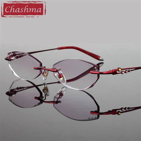 chashma luxury tint lenses diamond trimmed rimless alloy glasses frame colored lenses women