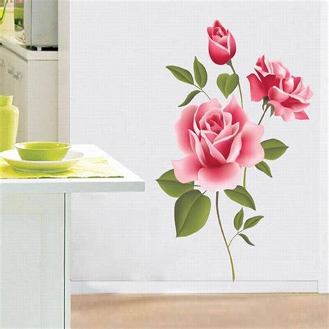 Romantic Pink Rose Flower Green Leaf Wall Stickers Home Bedroom Living Room Love Decoration