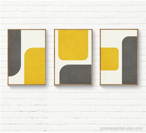 Original Abstract Print In Gray And Mustard Color Modern Etsy