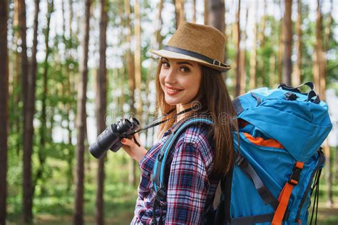 Pretty Female Tourist Traveling In Nature Stock Image Image Of