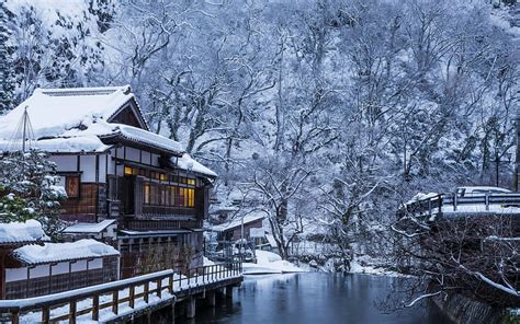 Winter Landscape Snow House River Winter Japan Hd Wallpaper Peakpx