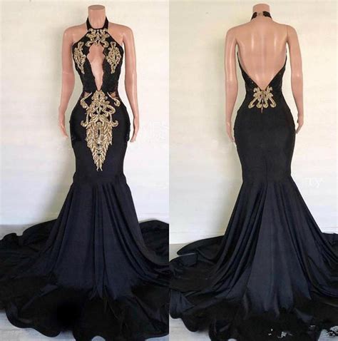 Black Sexy Backless V Neck Long Mermaid Prom Dresses 2020 Halter Gold