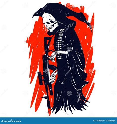 Skeleton Grim Reaper Holding Light Machine Gun Cartoon Vector