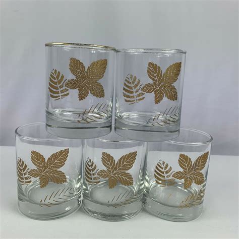 Libbey Gold Leaves Glasses Juice Old Fashioned Lot Of 5 Gold Leaf Libbey Libbey Gold Leaf