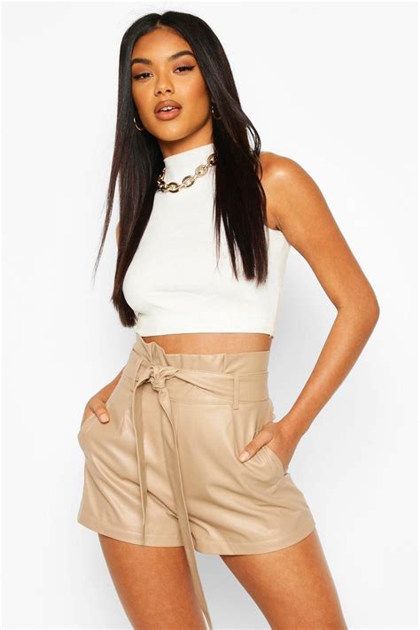 Womens Leather Look Paperbag Waist Shorts Cream 8 In 2020 Fashion