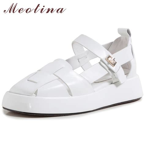Meotina Genuine Leather Gladiator Shoes Women Platform Wedge Sandals Buckle Square Toe Mid Heel