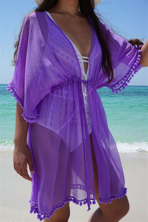 Silk Beach Cover Up Chiffon Kimono With Pompoms Swimsuit Coverup Resort Wear For Women Beach