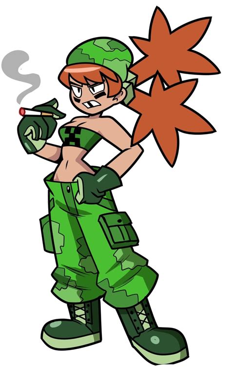 Creeper Minecraft Highres 1girl Baggy Pants Boots Breasts Cigarette Cleavage Crop Top
