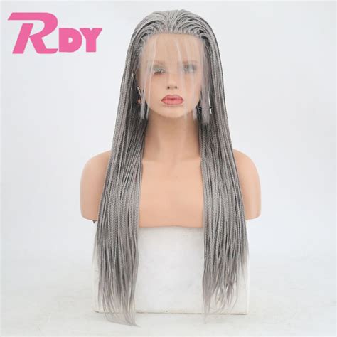 Rongduoyi Long Gray Box Braid Wigs Heat Resisant Synthetic Braided Lace