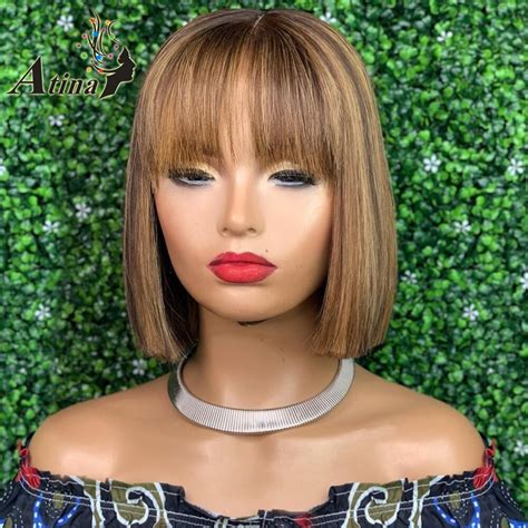 Ombre Highlight Colored Bob Wig Human Hair Wigs With Bangs Brown And Honey Blonde Full Machine