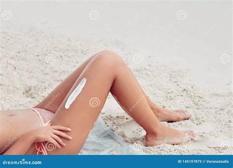 Sexy Suntan Bikin Woman Legs Relaxing Lying Down Near Beach Royalty